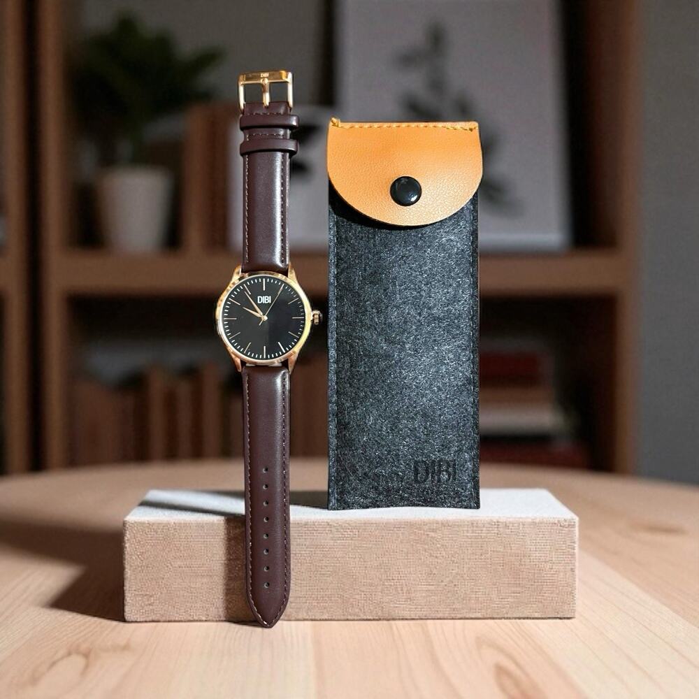 NEW Men's DIBI Wrist Watch Rose Gold Accents Black Face,‎ Brown Band with Case